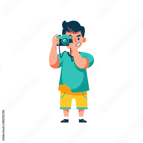 Young boy holding camera, taking a photo, illustration, photography hobby