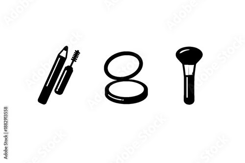 Black silhouette of mascara eyeshadow and powder makeup brush on white background for beauty concept