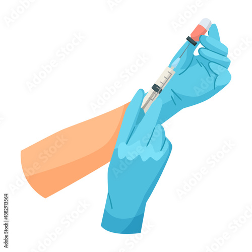 Medical worker in gloves giving injection into patient arm with syringe, flat cartoon style, isolated white background. Concept of healthcare. Vector illustration