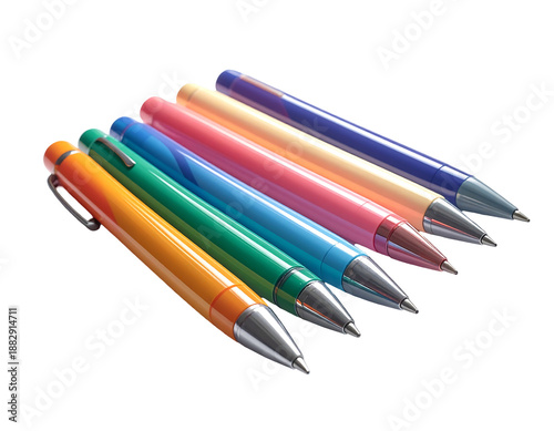 Six colorful pens arranged diagonally, showcasing a gradient of bright hues