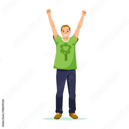 Cheerful young man in a green tree-printed shirt raising arms up, cartoon style, on white background. Concept of joy, success, and eco awareness. Vector illustration
