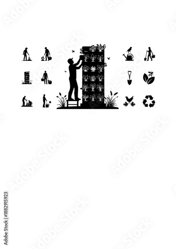 Urban Farming Forager Silhouette, Person Harvesting Vertical Garden Wall, Sustainable Food Production and City Ecology Concept Vector