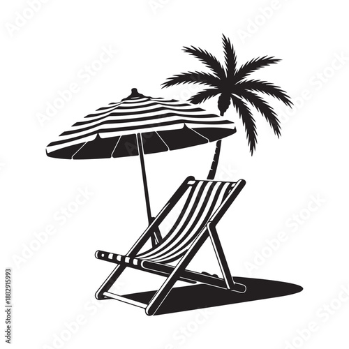 Beach relaxation silhouette with sun umbrella and palm tree