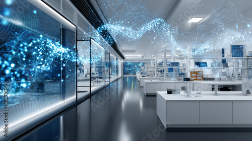 Blue DNA double helix with water molecule blue background. Human genetic research DNA, laboratory environment. Abstract image of human genetics, which glowing DNA strands merge with digital elements