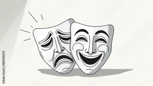 Theatrical comedy and tragedy masks in black and white symbolizing drama and emotions on stage with contrasting happy and sad expressions