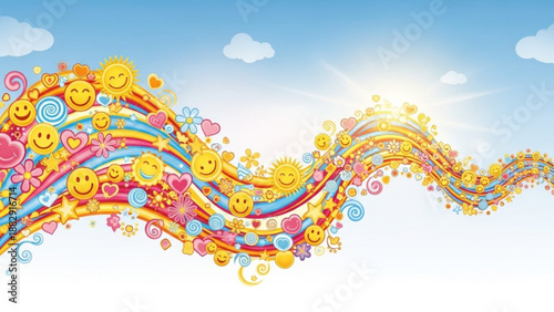 Vibrant smiley face wave with colorful swirls and symbols against a sunny blue sky with clouds