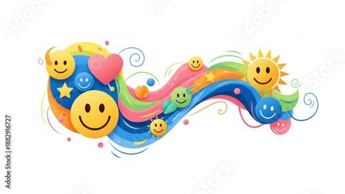 Colorful smiley faces and symbols in a wavy rainbow design conveying happiness and positivity with a sun and heart