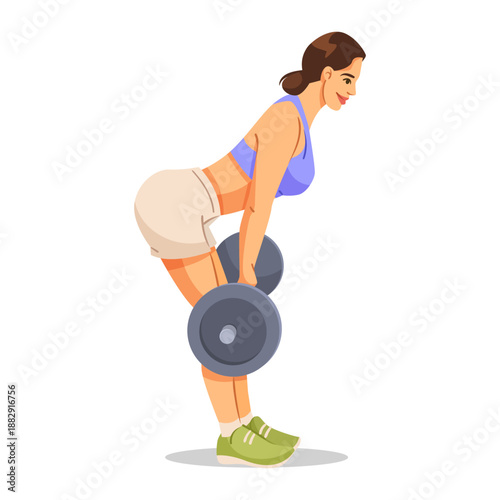 Fit woman doing dumbbell deadlift exercise in athletic clothes, flat style on isolated white background. Concept of strength training. Vector illustration