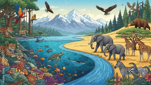 Wildlife sanctuary with diverse animals by a river and mountain range in the background with clear blue sky