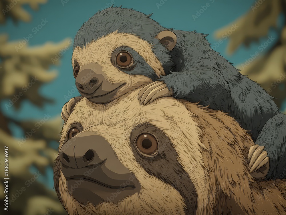 Fototapeta premium Two cartoon sloths, one adult and one baby, are playfully perched on each other against a soft blue background with trees, showcasing a whimsical and friendly atmosphere