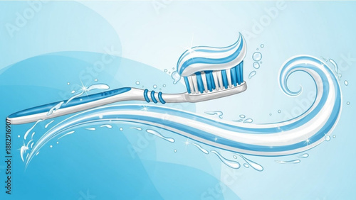 Toothbrush with flowing blue toothpaste and water on a clean background for oral hygiene and dental care concepts