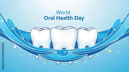 World oral health day illustration with clean teeth and water splash on blue background