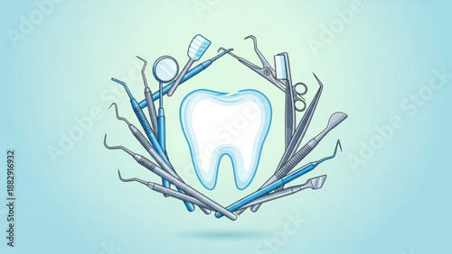 Dental care concept with tooth surrounded by various blue medical tools on light blue background