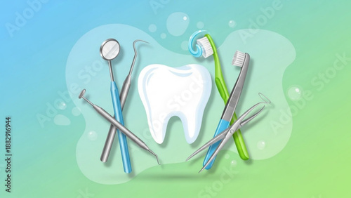 Dental care tools and tooth on blue green background with bubbles oral hygiene concept