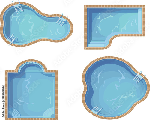 Top view swimming pool vector set, blue water basins with ladders, outdoor luxury garden landscape design element