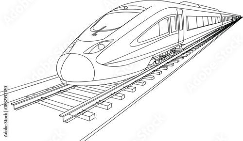 High speed train on railway track vector illustration, modern express locomotive outline for transport and travel