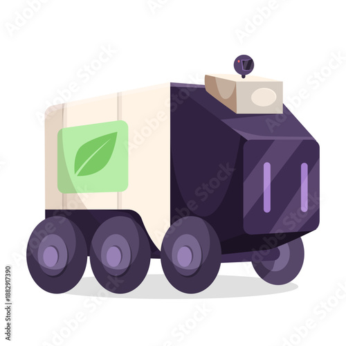 Cartoon-style eco-friendly delivery robot with wheels and green leaf symbol, isolated on white background. Concept of sustainable transport. Vector illustration