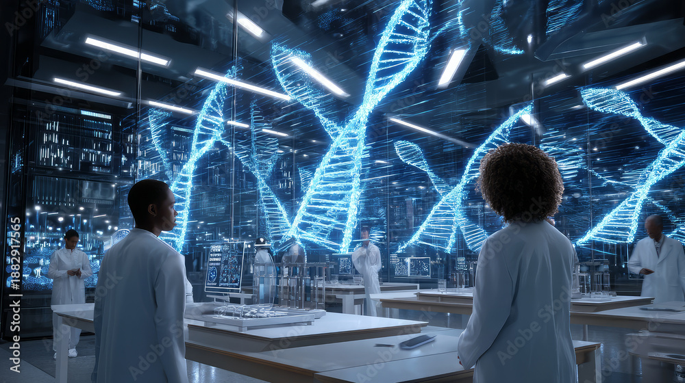 Fototapeta premium Gene Therapy for Cancer Treatment Concept Cancer therapy with T cells and DNA. Abstract image of human genetics, where glowing DNA mutation threads merge with digital elements