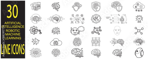 Artificial intelligence line icons set for machine learning technology