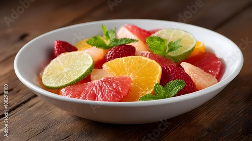 A vibrant fruit salad with citrus slices and strawberries garnished with mint served in a white bowl on a rustic wooden table