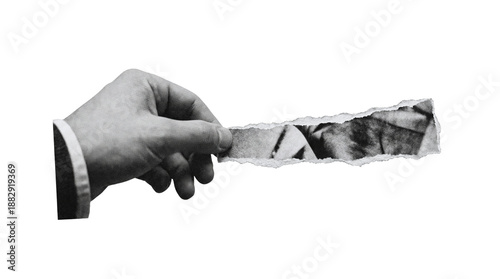 Hand holding torn black and white paper strip in collage style isolated on transparent background