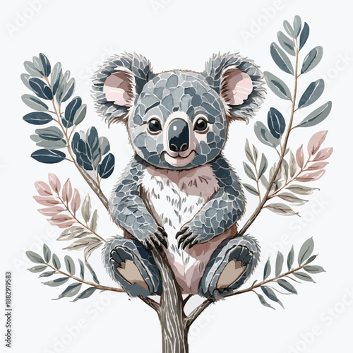 Koala sitting on a tree with a cheerful expression surrounded by green leaves
