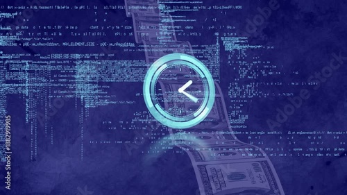 Animation of neon ticking clock and data processing over us dollar bills against blue background