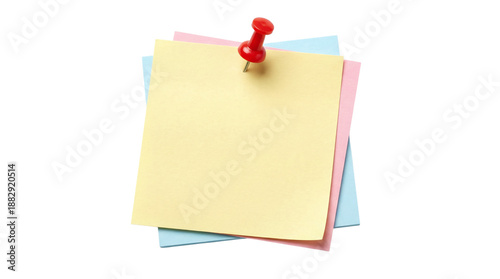 Valokuva Stack of pastel sticky notes with red push pin isolated on transparent background