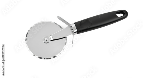 A pizza cutter with black handle.