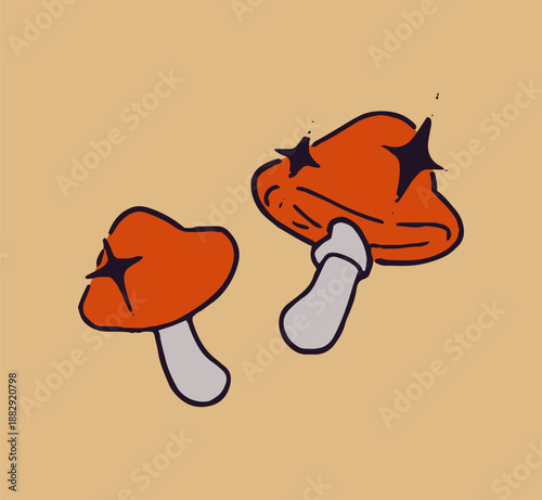 Design of magic mushrooms tattoo in colored vintage style. Mystic psychedelic boletus tatto. Hallucinogenic fungi fashion tatoo. Retro art of autumn fungus. Flat isolated vector illustration