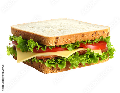 A layered sandwich with whole grain bread, cheese, meat, lettuce, and tomato