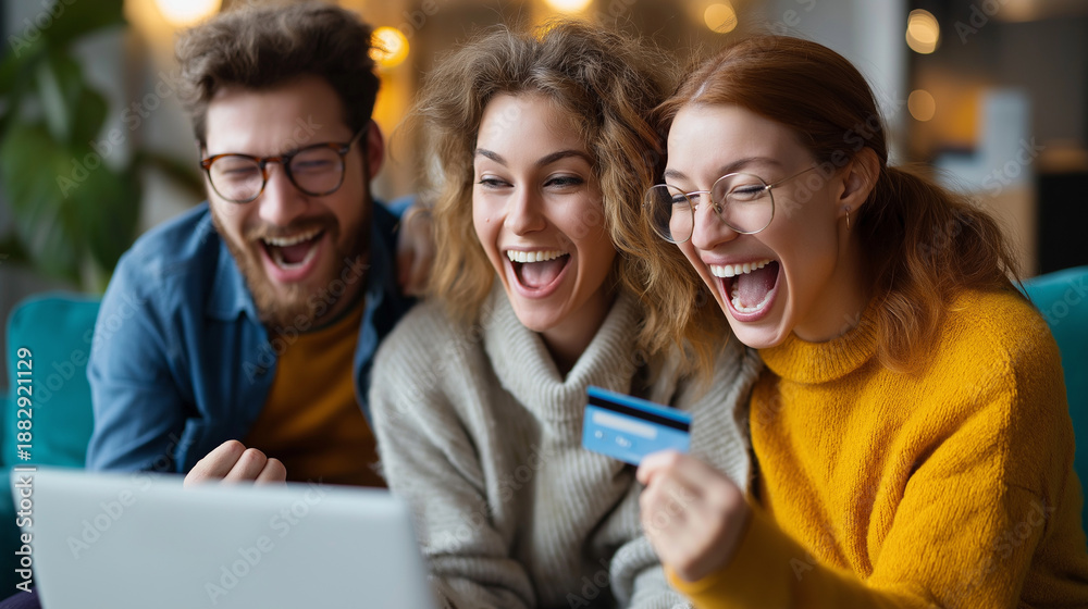 Fototapeta premium Overjoyed family exulting together in front of laptop at home, faceless people, excited celebration, holding credit card, winner auction sales deal concept, defocused sofa, with co