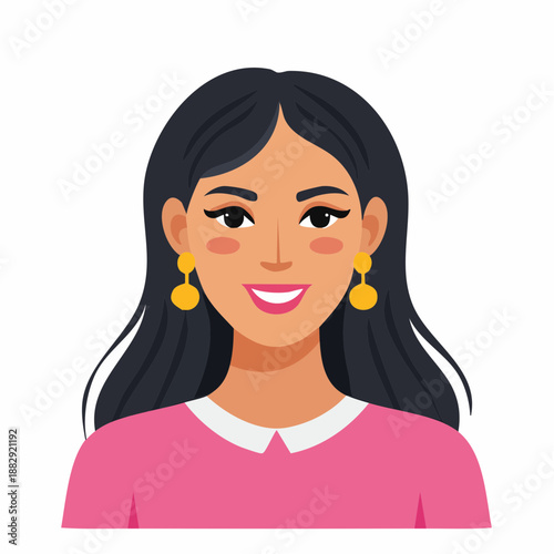 Smiling woman with long dark hair. Cartoon style illustration. Pink shirt and gold earrings. Vector portrait on white background.