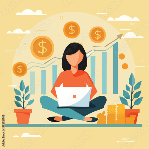 Financial growth and investment success illustrated with a person using a laptop and rising stock charts