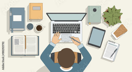 Efficient workspace illustration featuring a person engaged in work or study, surrounded by a laptop, books, tablet, and coffee on a tidy desk, viewed from an overhead perspective