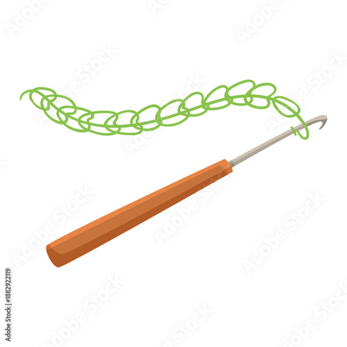 Wooden-handled crochet hook pulling green yarn in chain stitch on white background, concept of knitting and crafts. Vector illustration