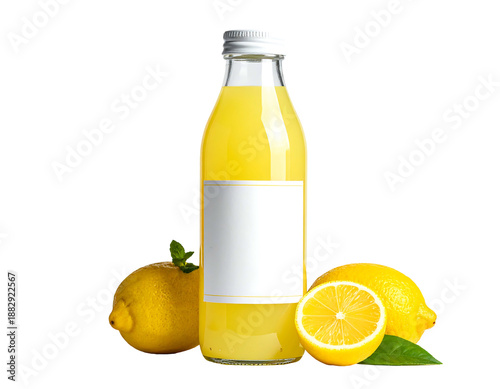 Glass bottle of lemonade with lemons and mint leaves on black