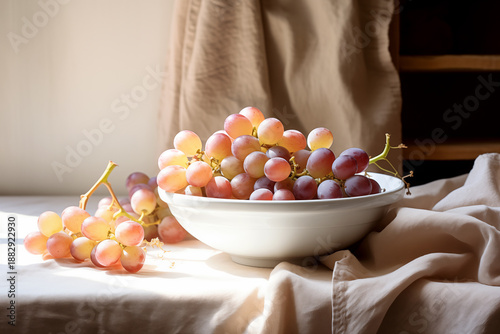 Fresh Grapes in White Ceramic Bowl on Linen-Covered Table with Soft Side Lighting