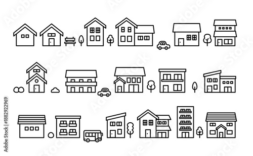 モノクロの家やマンションの住宅のアイコンセット　ベクター素材