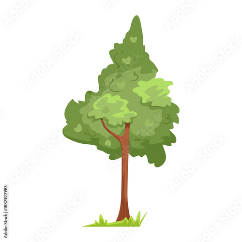 Tall, stylized green tree with heart-shaped leaves and brown trunk, cartoon style on white background. Concept of nature and environment. Vector illustration