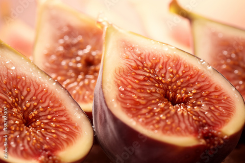 Macro Photo of Sliced Fig Showing Detailed Seeds with Juicy Texture