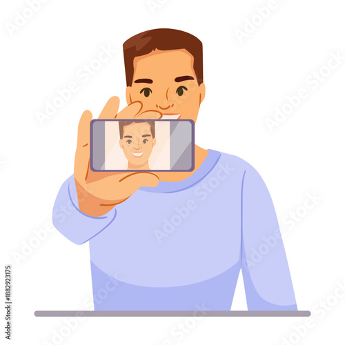 A young man holding a smartphone and taking a selfie, flat graphic style, with a white background. Concept of digital self-portrait. Vector illustration