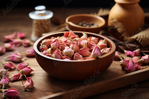 Small Bowl Filled with Dried Rosebuds and Petals in Elegant Herbal Still Life