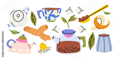 Various types of teapots, cups, tea additives in cartoon doodle style. Cozy comfortable drink elements. Chamomile, sugar, citrus, green tea. Vector beverage illustration