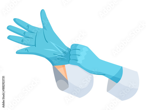 Person wearing blue medical gloves with other hand, flat graphic style on white background. Concept of hygiene, safety, and healthcare. Vector illustration