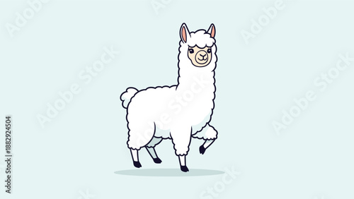 Beautiful white llama walking gracefully with its head held high on a simple light blue background in vector style.
