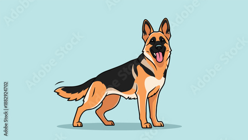 Proud German Shepherd dog standing with its tongue out on a light blue background, ideal for guard dog and pet themes.