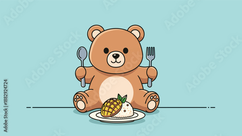 Cute brown bear sitting at a table about to eat a plate of mango sticky rice with a spoon and fork on a blue background.