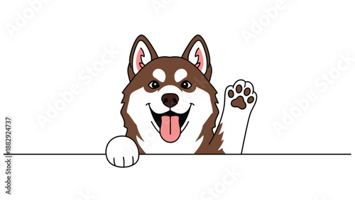 Friendly brown Siberian Husky dog waving its paw and peeking over a white border on a clean white background, ideal for greetings.