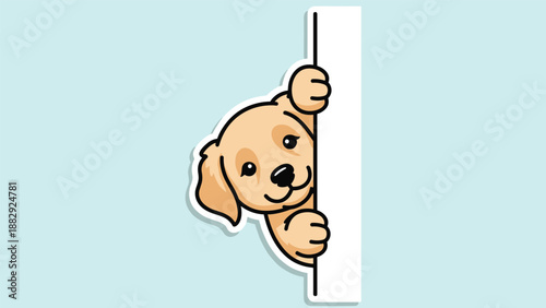 Adorable Golden Retriever puppy peeking from behind a vertical white wall on a light blue background, great for copy space.